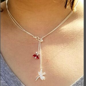 Sterling Silver Garnet Bee & Dragonfly Lariat Necklace, January Birthstone